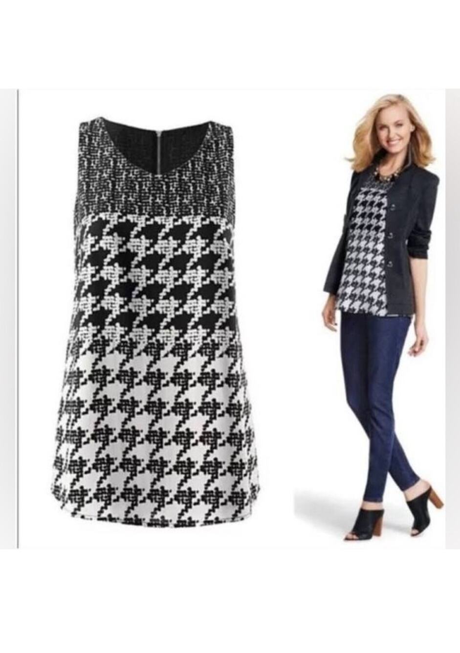 Cabi 3090 broken check tunic style top size XL sleeveless black and white